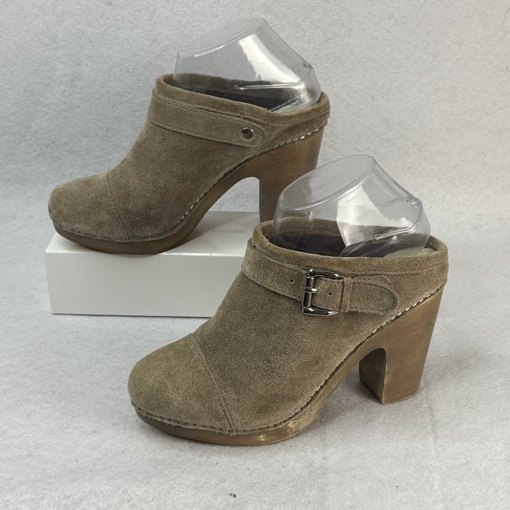 Jeffrey Campbell Womens Sz 8 Taupe Suede Clog Buckle Accent Heeled Mules Shoes - Picture 2 of 8